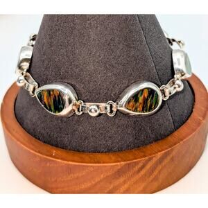 Ammolite Teardrop Silver Plated Toggle Clasp Bracelet Marked Mexico